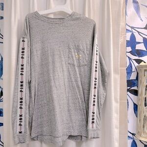 Victoria's Secret Pink Bling Campus Tee Shirt Heather Riverstone Gray Gold Dog